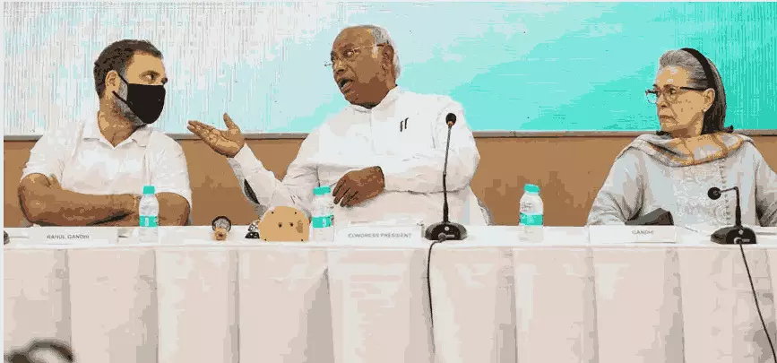 Congress president Mallikarjun Kharge along with former party chiefs Sonia Gandhi and Rahul Gandhi at the CWC meeting Congress president Mallikarjun Kharge along with former party chiefs Sonia Gandhi and Rahul Gandhi at the CWC meeting
