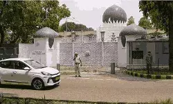 Security personnel keep vigil outside the Pakistan High Commission